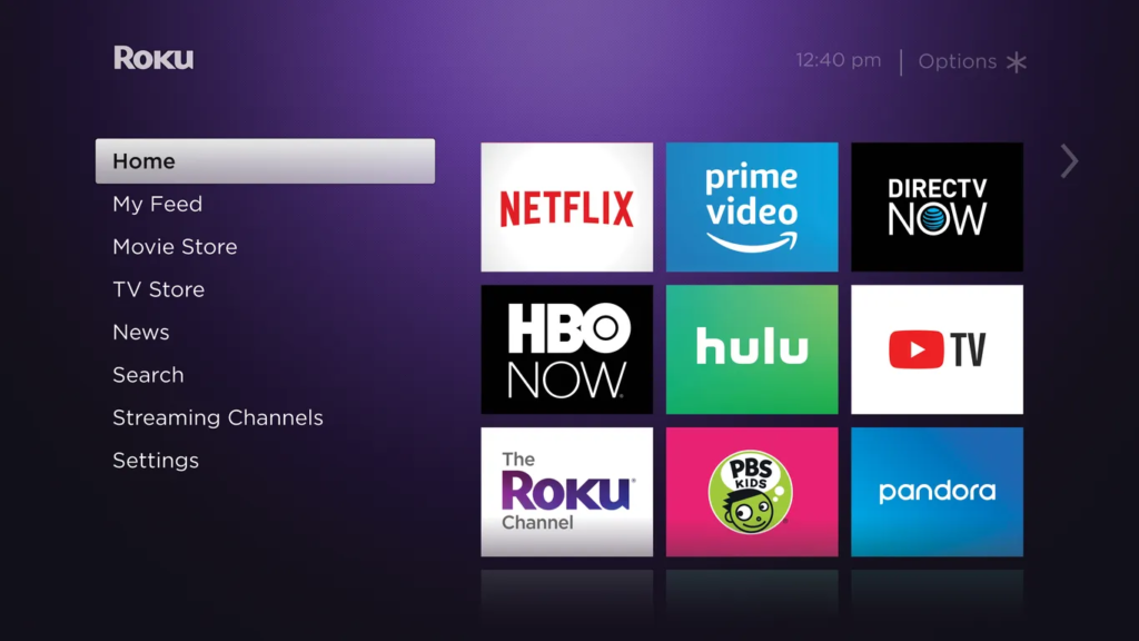 Roku app on purple screen, featuring user-friendly interface for streaming content.