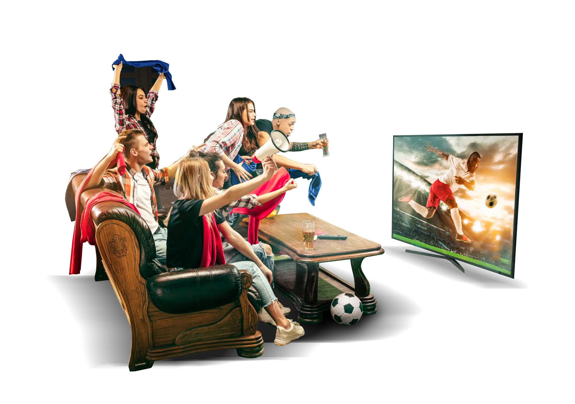 A group of enthusiastic people are sitting on a couch, intensely watching a soccer match on a large TV screen. They are cheering, waving scarves, and pointing at the screen, with a soccer ball on the floor and drinks on the coffee table.