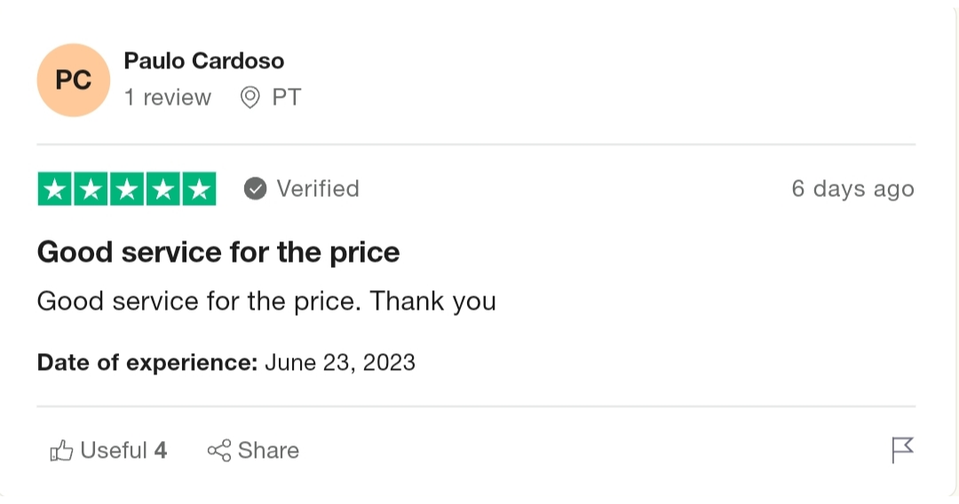 An iptv reviews by Paulo Cardoso with a rating of stars, labeled as "Verified". The review title says "Good IPTV service for the price" followed by "Good IPTV service for the price. Thank you" and the date of experience marked as June 23, 2023. Options to share or report are visible.